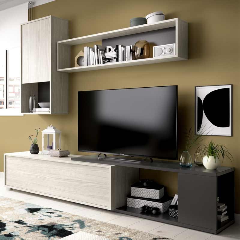 Mueble Modular Salón Obi 2 Gris (veta) y Grafito