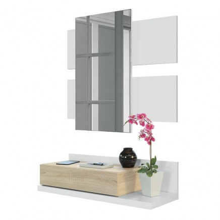 Mueble de Entrada Recibidor Moderno Tekkan con Espejo Blanco Y Roble 75 cm