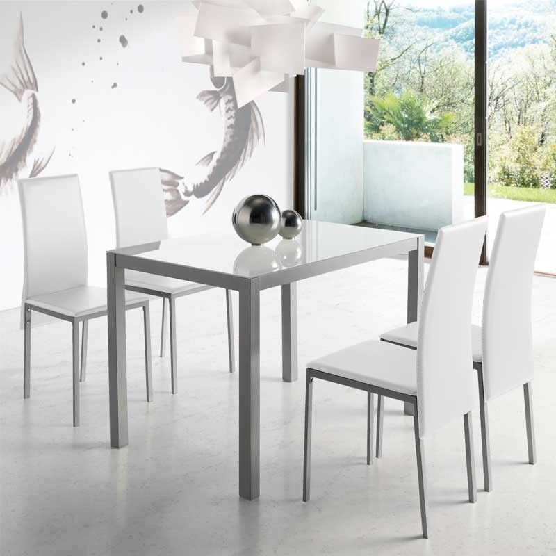 Conjunto Mesa Cristal + 4 Sillas Blanco Saona Moderno