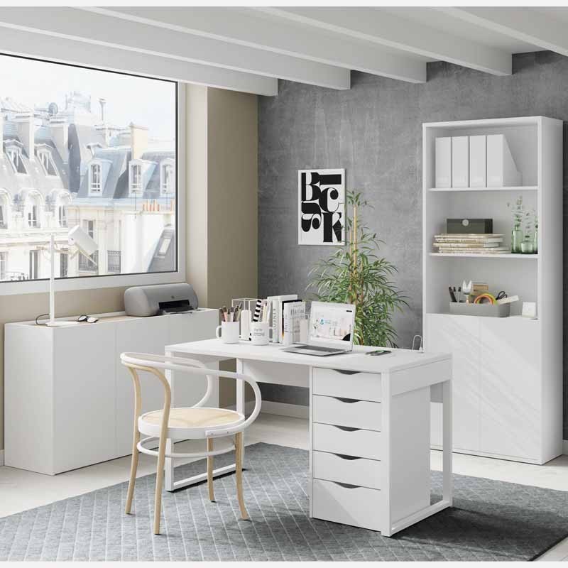 Pack Muebles Despacho Blanco Moderno (Mesa+Aparador+Librería+Cajonera)