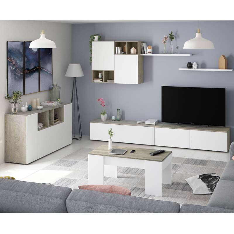 Mueble Salón Modular Evo Blanco Mate y Roble Alaska 260 cm