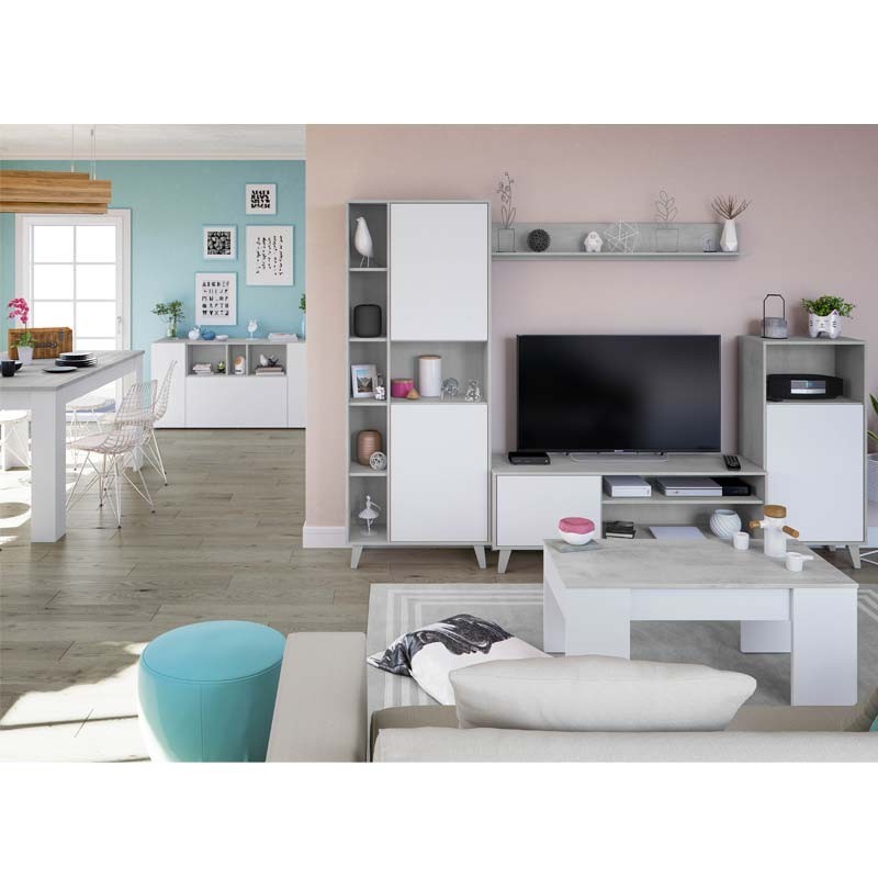 Mueble Modular para Salón Zoe Estilo Moderno Color Blanco y Cemento