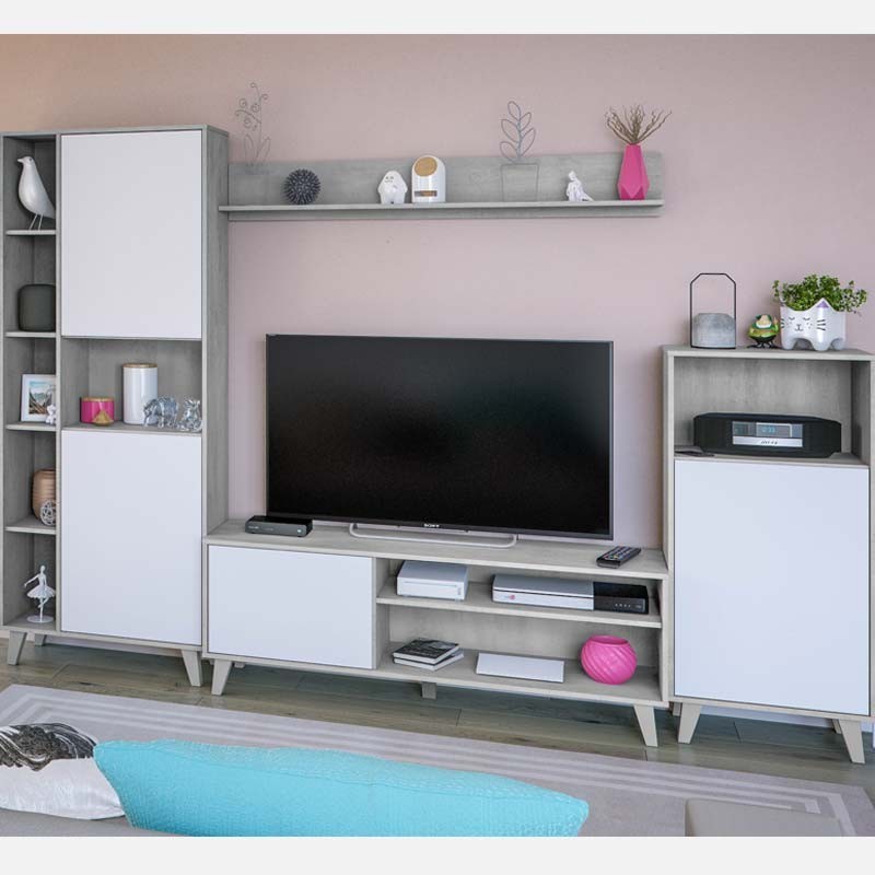 Mueble de salón modular Zoe color blanco y cemento 260x40 Cm