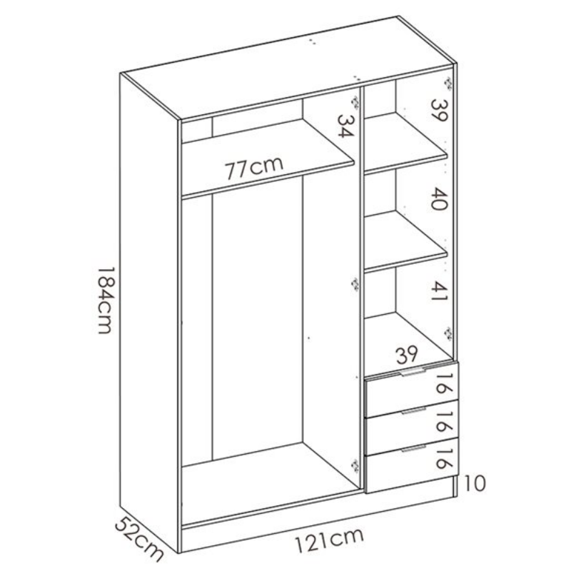 Armario 3 puertas roble 180x121 cm