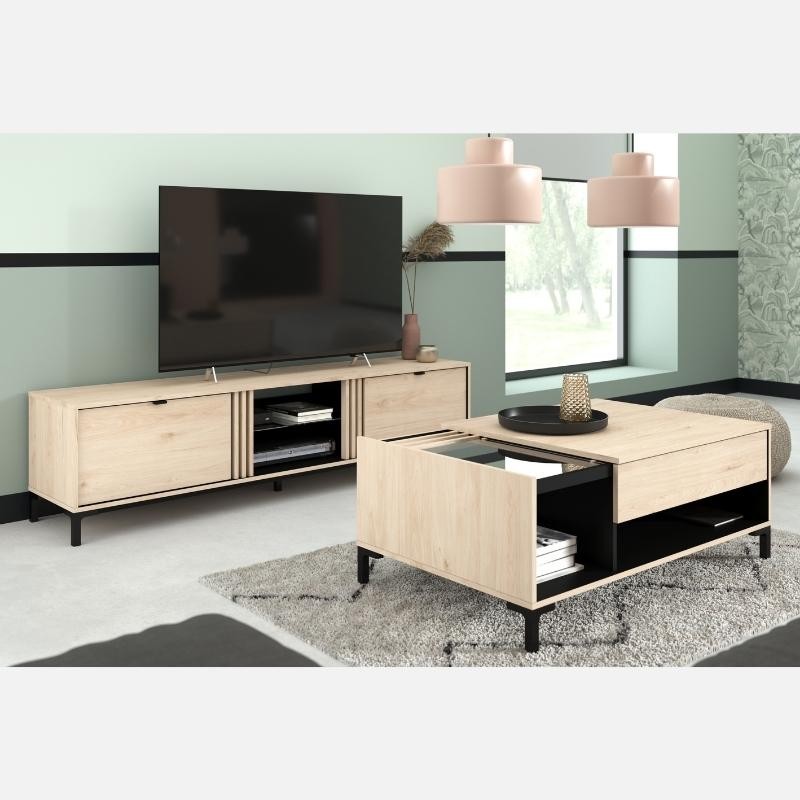 Mesa de Centro Salón Tokio Estilo Japandi color Roble y Negro 110x42x67cm_ambiente