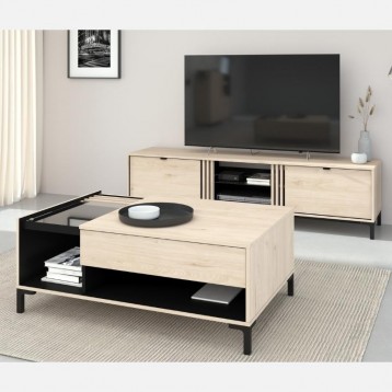 Mesa de Centro Salón Tokio Estilo Japandi color Roble y Negro 110x42x67cm_ambiente