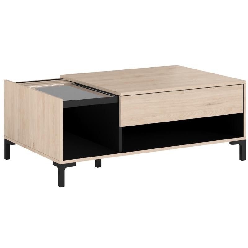 Mesa de Centro Salón Tokio Estilo Japandi color Roble y Negro 110x42x67cm_ladeada