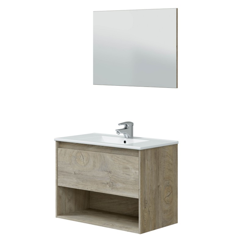 Mueble de Baño Suspendido con Espejo 80 cm (Lavamanos Opcional)