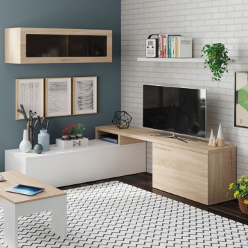 Pack muebles salón mueble TV roble y blanco rinconero