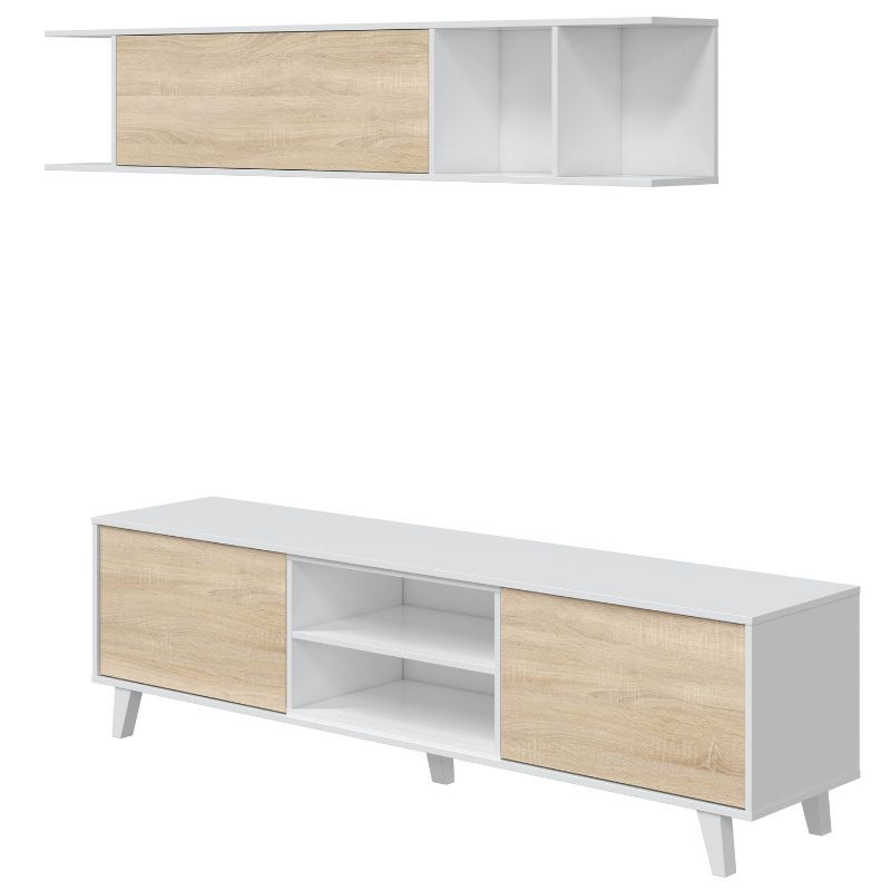 Mueble salón completo GLASGOW. Cojunto de mueble TV, vitrina y estente  colgante Mueble de 203 cm de ancho en Roble y Blanco.