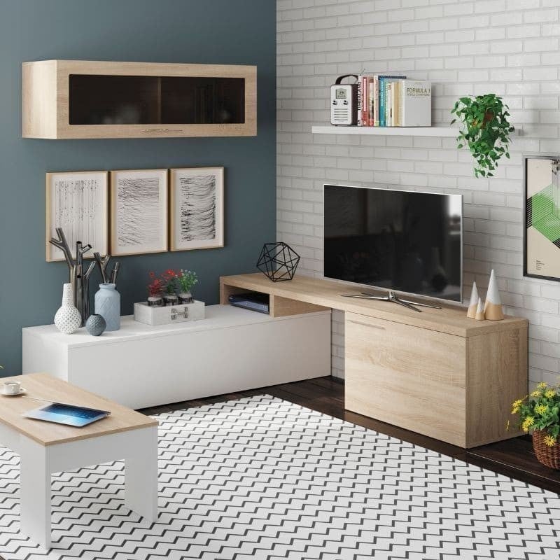 Mueble rinconero para salón Nexus en color Roble Canadian y Blanco Brillo 200CM