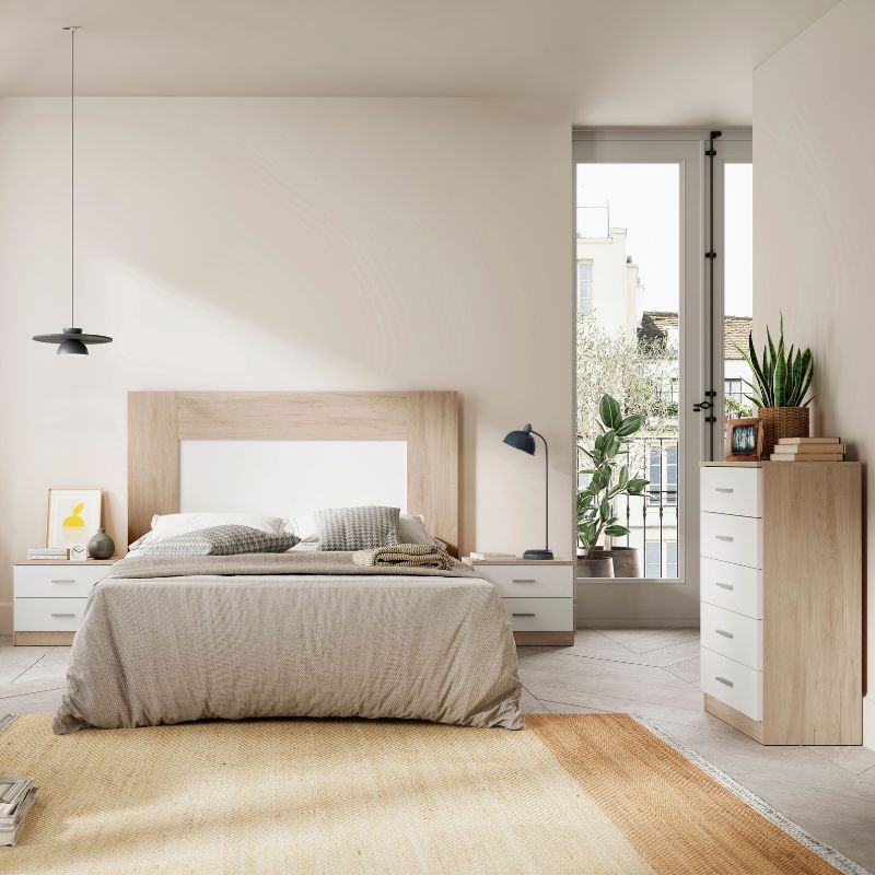 Foto ambiente dormitorio matrimonio en blanco y sahara con mesita de noche 2 cajones, cabecero moderno y cómoda 5 cajones