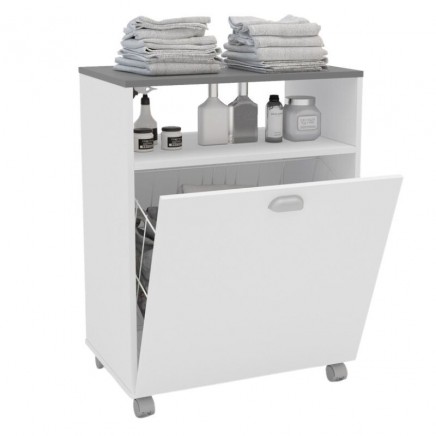 Mueble Auxiliar Lavandería Con Ruedas Color Blanco Con Tapa Gris