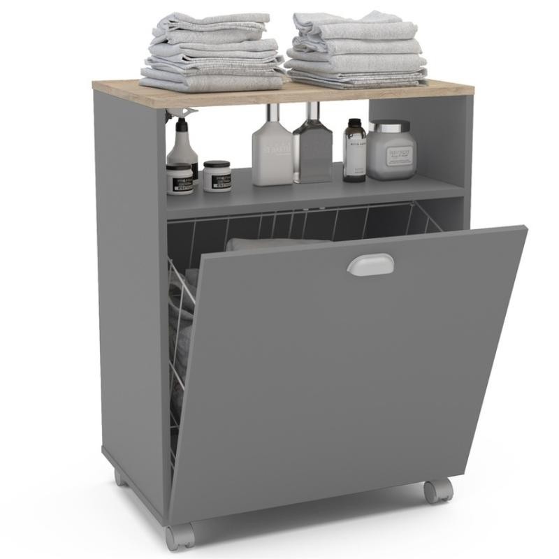 Mueble Auxiliar Lavandería Con Ruedas en color Gris_decorada con puerta abierta Mueble Auxiliar Lavandería Con Ruedas en color Gris_decorada con puerta abierta