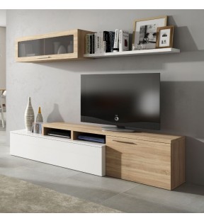 Mueble rinconero para salón Nexus en color Roble Canadian y Blanco Brillo  200CM