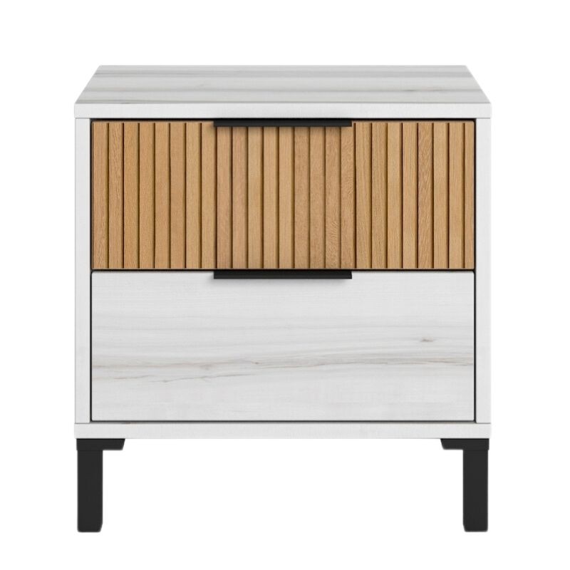 Mesita De Noche 2 Cajones Arles Blanco Albo Y Roble Rayado_frontal
