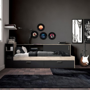 Cama Life Con Almacenaje Dormitorio Juvenil Negro Y Roble Kronberg_ambiente
