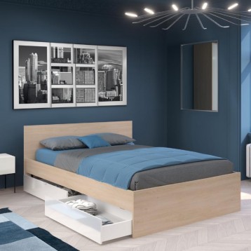 Cama De Matrimonio John con Cajones Roble Brooklyn y blanco Shiny_ambiente