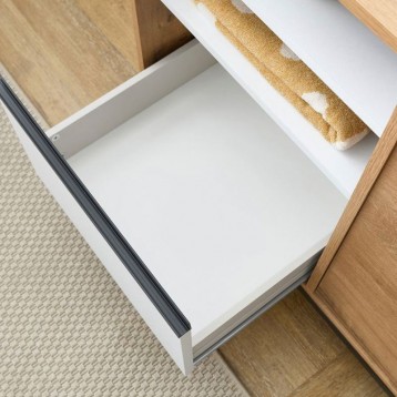 Mueble de Baño con Patas Támesis Roble y Blanco detalle cajón abierto
