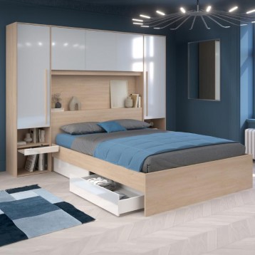 Dormitorio Estilo Nórdico John Color Roble Brooklyn y blanco Shiny_con cama de 160x200 cm