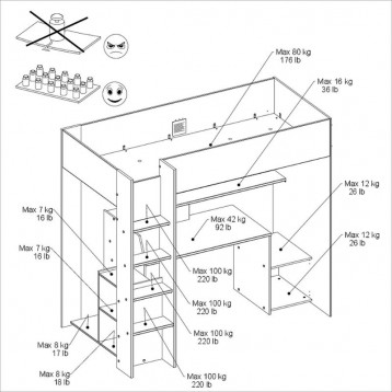 Cama Alta TexGen Con Escritorio y LED Negro 204x180x94 CM _Medidas_2
