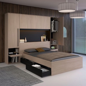 Ambiente Cama de Matrimonio John Con Cajones Bajos Roble Brooklyn Y Negro Stipple