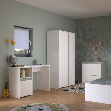 Pack Dormitorio Juvenil Germain Color Blanco (Cama, Cajones Inferiores, Cómoda, Mesita de Noche, Armario, Escritorio)_Ambiente