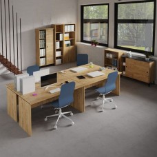 Pack Muebles Oficina 4 Escritorios, 2 Estanterías de Diferente Tamaño, 1 Aparador, 2 Librerías Diferentes Roble Gold