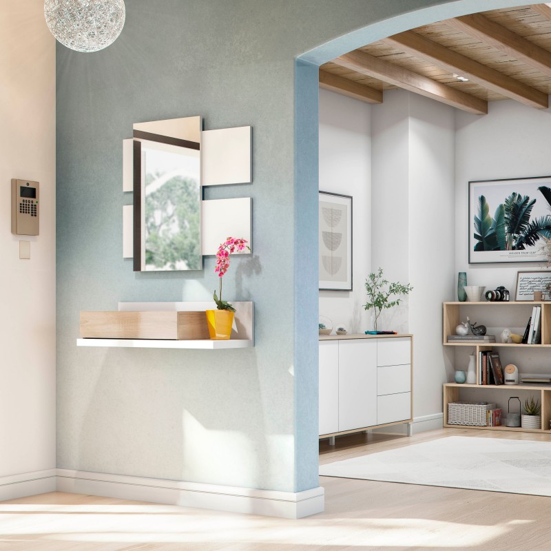 Mueble de Entrada Recibidor Moderno Tekkan con Espejo Blanco Y Roble 75 cm