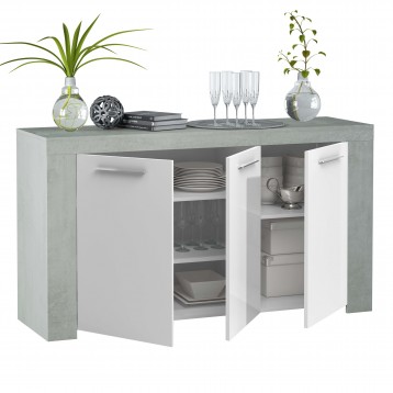 Aparador Salón Comedor Estilo Industrial Con 3 Puertas Color Gris Cemento Y Blanco 144 cm