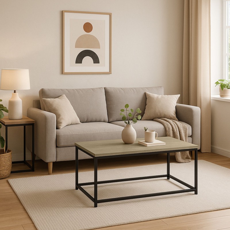 Mesa de Centro salón comedor fija color Roble Sonoma y Negro 90x48 cm