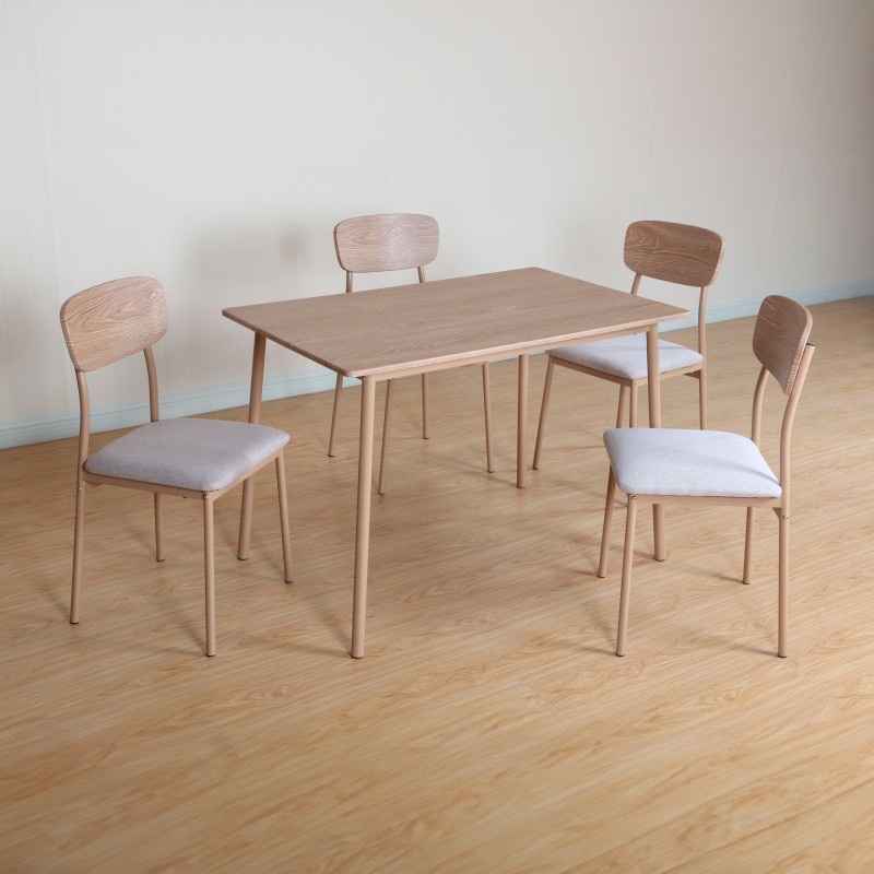 Conjunto Mesa y 4 Sillas Vex Estilo Industrial Color Roble Claro y Champagne