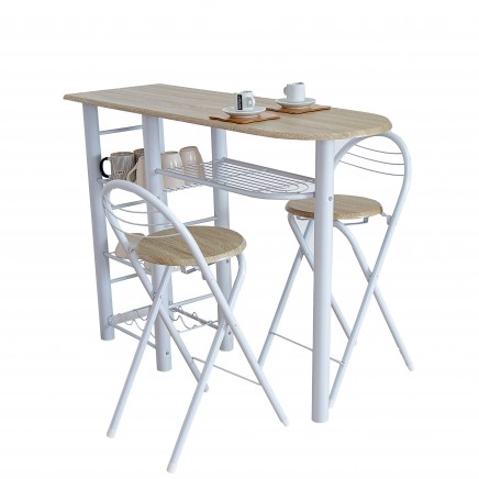 Conjunto Mesa y 2 Taburetes Plegables Cocina Bar Blanco y Roble Claro