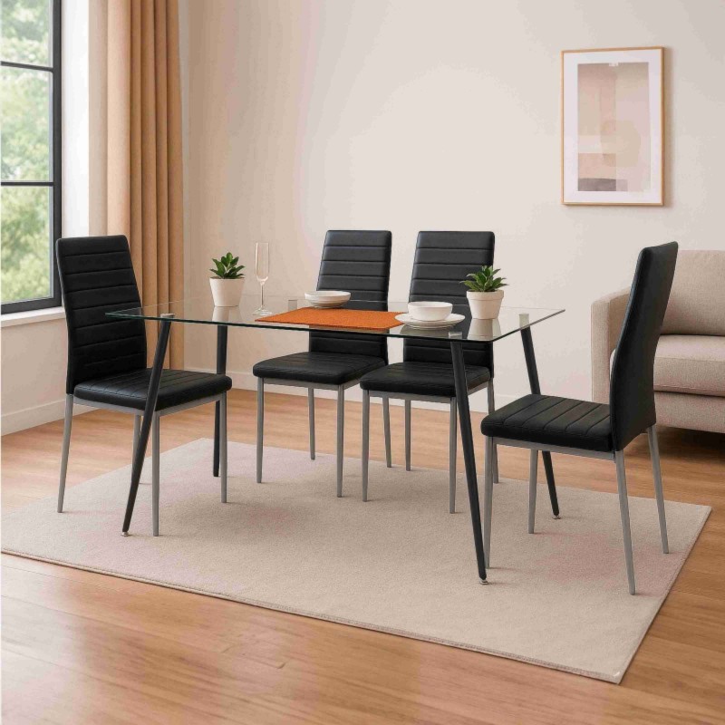Conjunto Mesa Comedor Cristal con 4 Sillas Color Negro