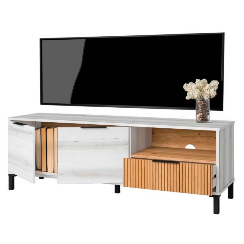 Mueble Tv Tokio Salón Comedor Blanco Albo y Roble Rayado 136 cm Mueble Tv Tokio Salón Comedor Blanco Albo y Roble Rayado 136 cm