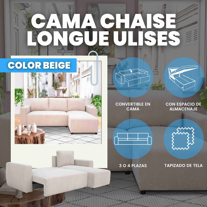 Sofá Cama Chaise Longue Ulises Color Beige 224 cm