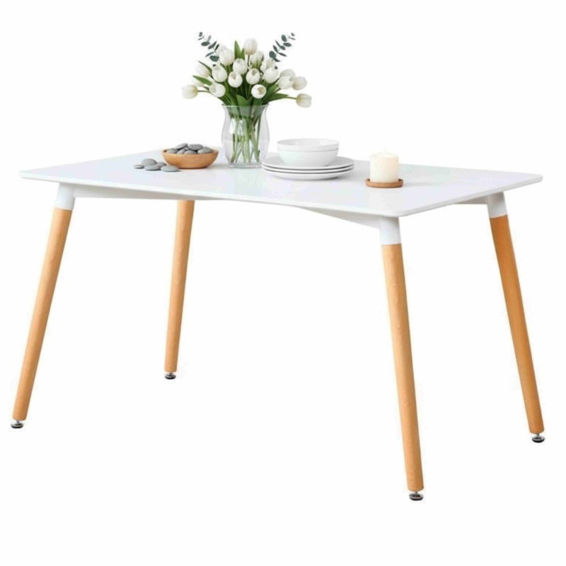 Mesa comedor fija 120 cm en blanco con patas en haya Mesa comedor fija 120 cm en blanco con patas en haya