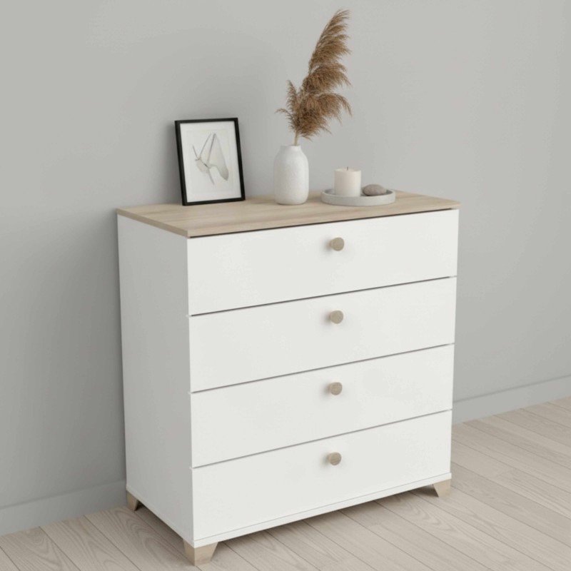Cómoda 4 cajones Izzy Dormitorio Color Blanco Mate y Roble Kronberg 80x85 cm