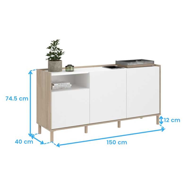 Aparador Azzaro Salón con 3 puertas Roble Japonés y Blanco Mate 150x75 cm