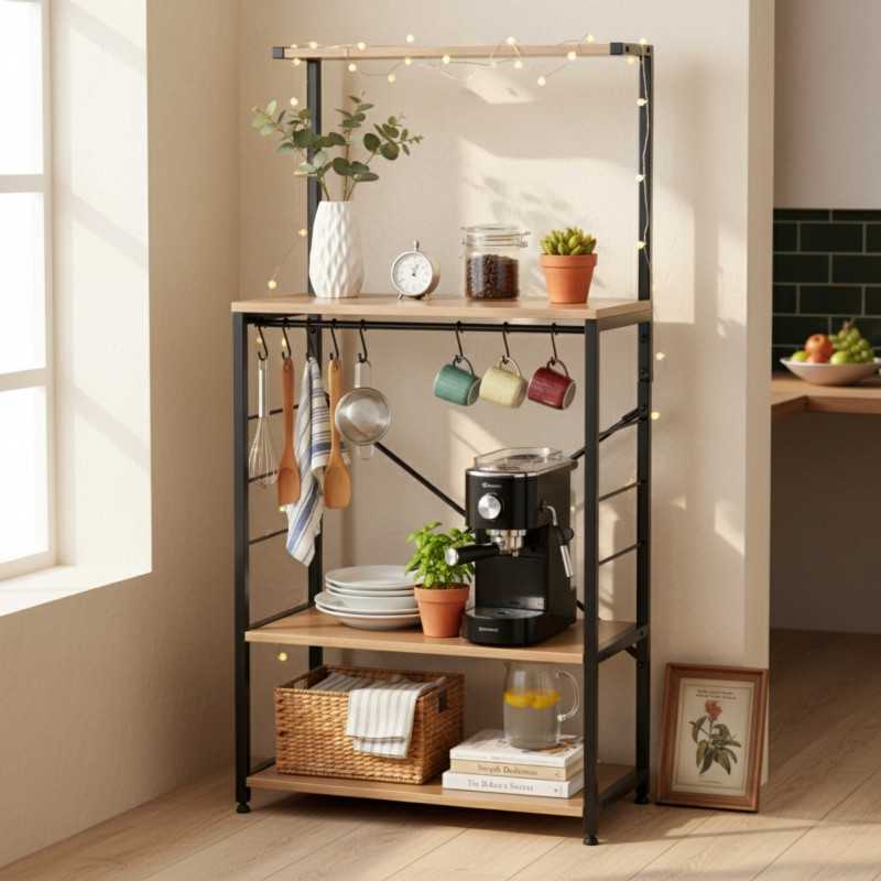 Mueble Auxiliar Cocina Estantería Kiwa Roble Cambrian y Negro 76x123 cm