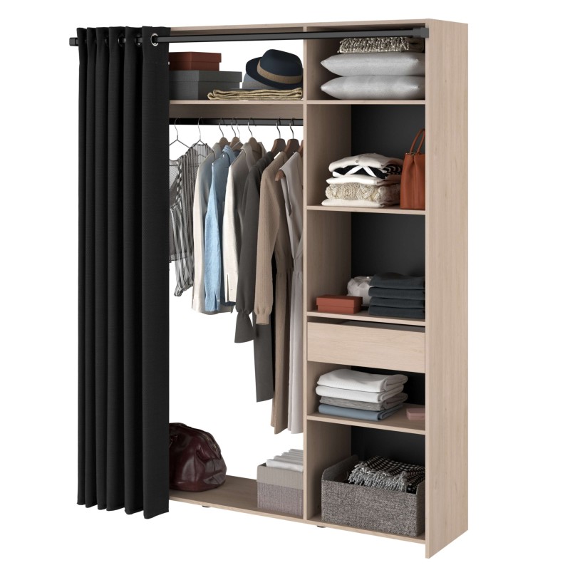 vestidor con 6 nichos, cajón, barra de colgar y cortina portada