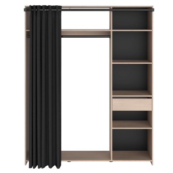 vestidor con 6 nichos, cajón, barra de colgar y cortina lateral cajon cerrado frontal