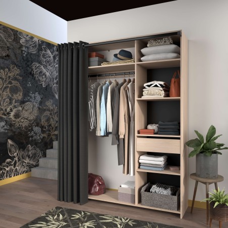vestidor con 6 nichos, cajón, barra de colgar y cortina lateral ambiente 1