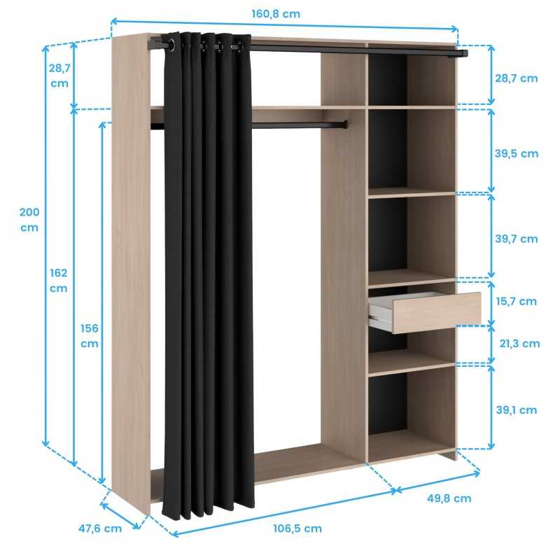 Vestidor Armario Abierto Dark Roble Brooklyn y Negro Stipple 161x200 cm