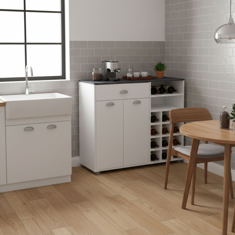 Buffet blanco Asfeld 2 botellero armario cajon 103x101x40 cm