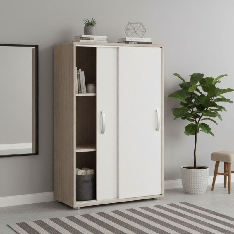 Zapatero 2 puertas correderas Blanco y Roble 68 cm