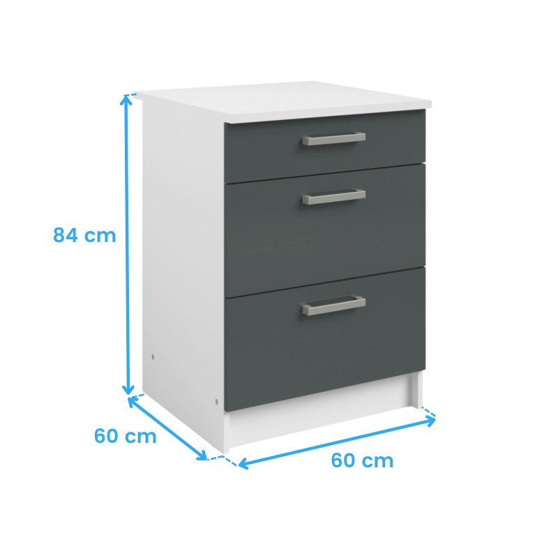 Módulo Cocina Inferior Vetro 3 Cajones Gris Brillante y Blanco 60x60 cm