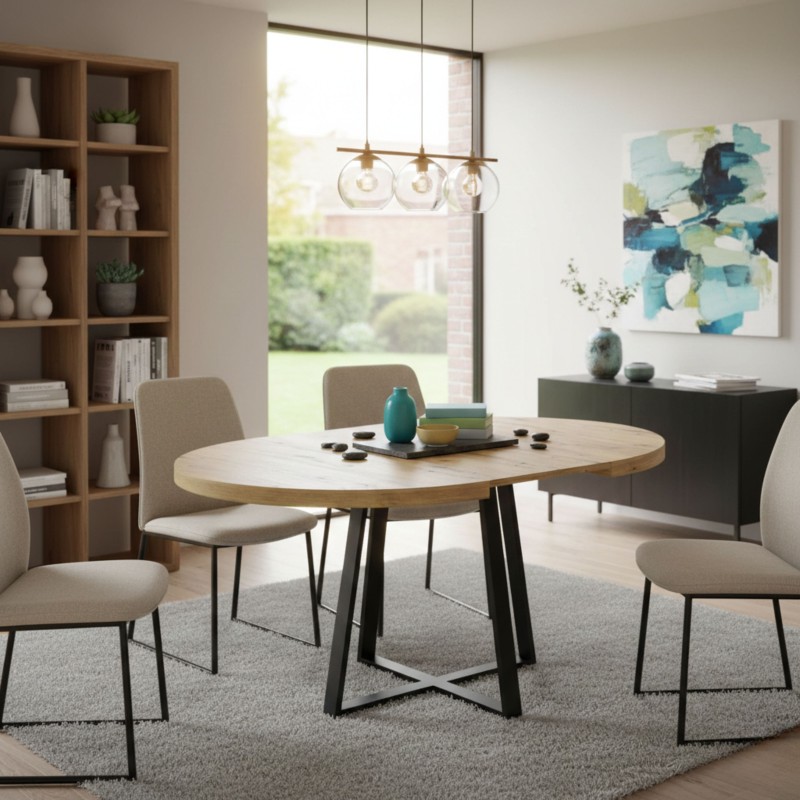 Mesa Comedor Redonda Extensible Aduna Roble y Negro ambiente