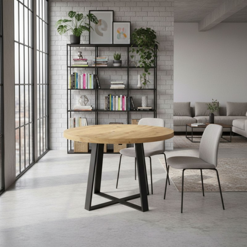 Mesa Comedor Redonda Extensible Aduna Roble y Negro ambiente 3