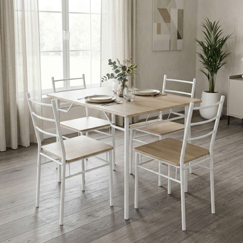 Conjunto Mesa Cocina y 4 Sillas Color Blanco y Roble Sonoma